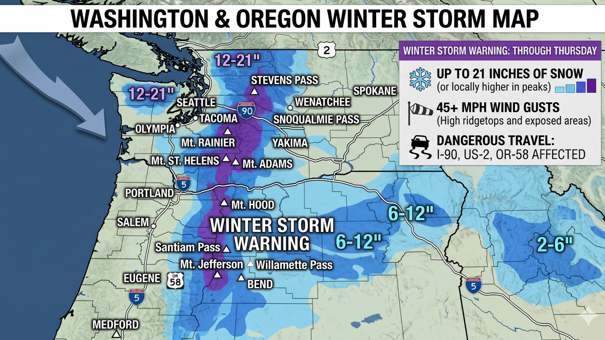 Aviso de tempestade de inverno: até 21 polegadas de neve, rajadas de 45 MPH ameaçam I-90, Highway 2 e Highway 58 em Oregon e Washington até quinta-feira